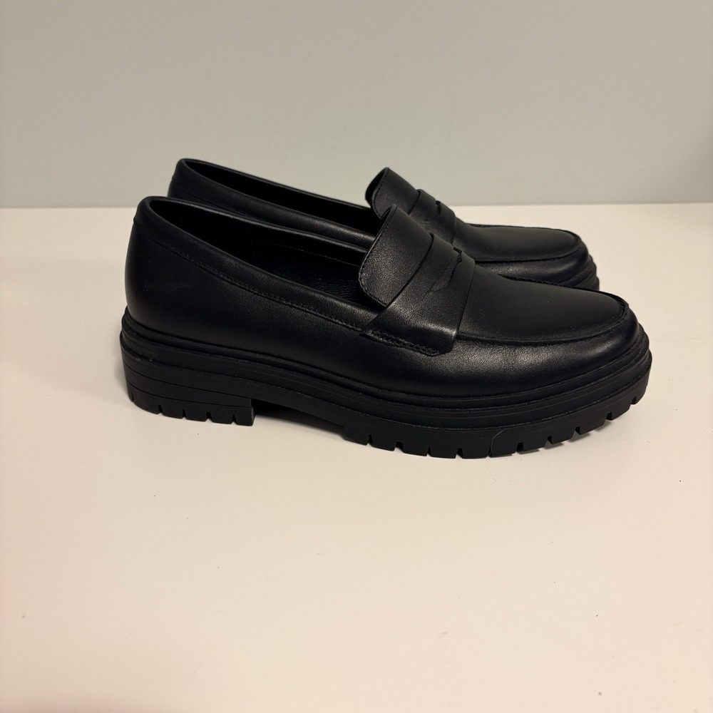 Quince Italian Leather Lug Sole Black Penny Loafers Sz 7.5 Women NWOB